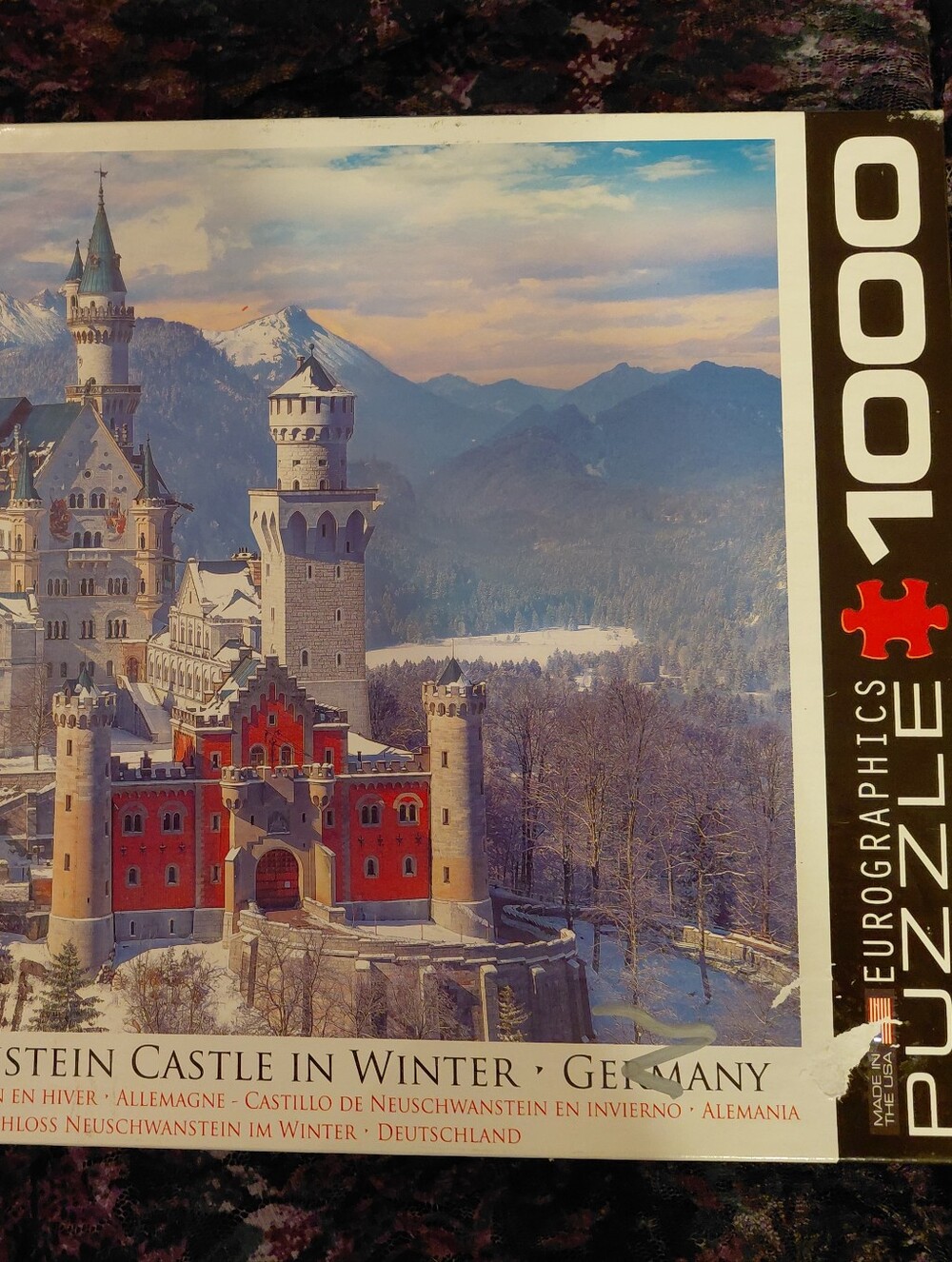 Scenic Neuschwanstein Castle Winter Wall Art Print - Red & White